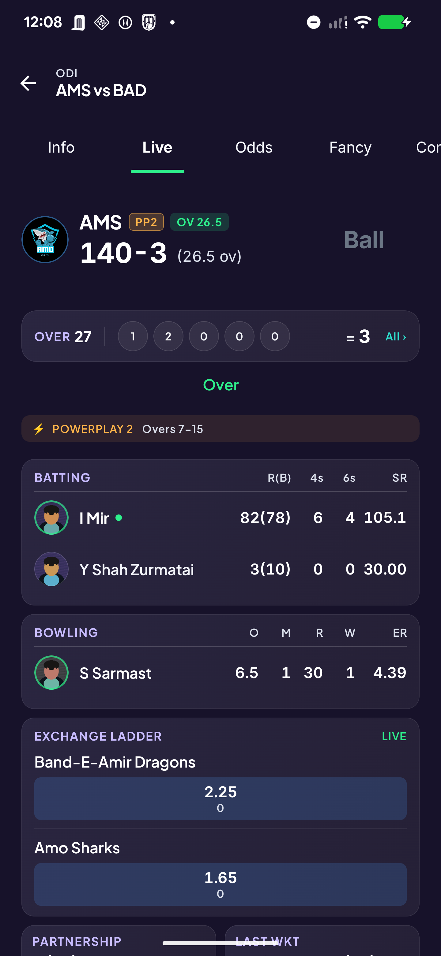 CRX live match screen showing score, recent balls and the live exchange ladder